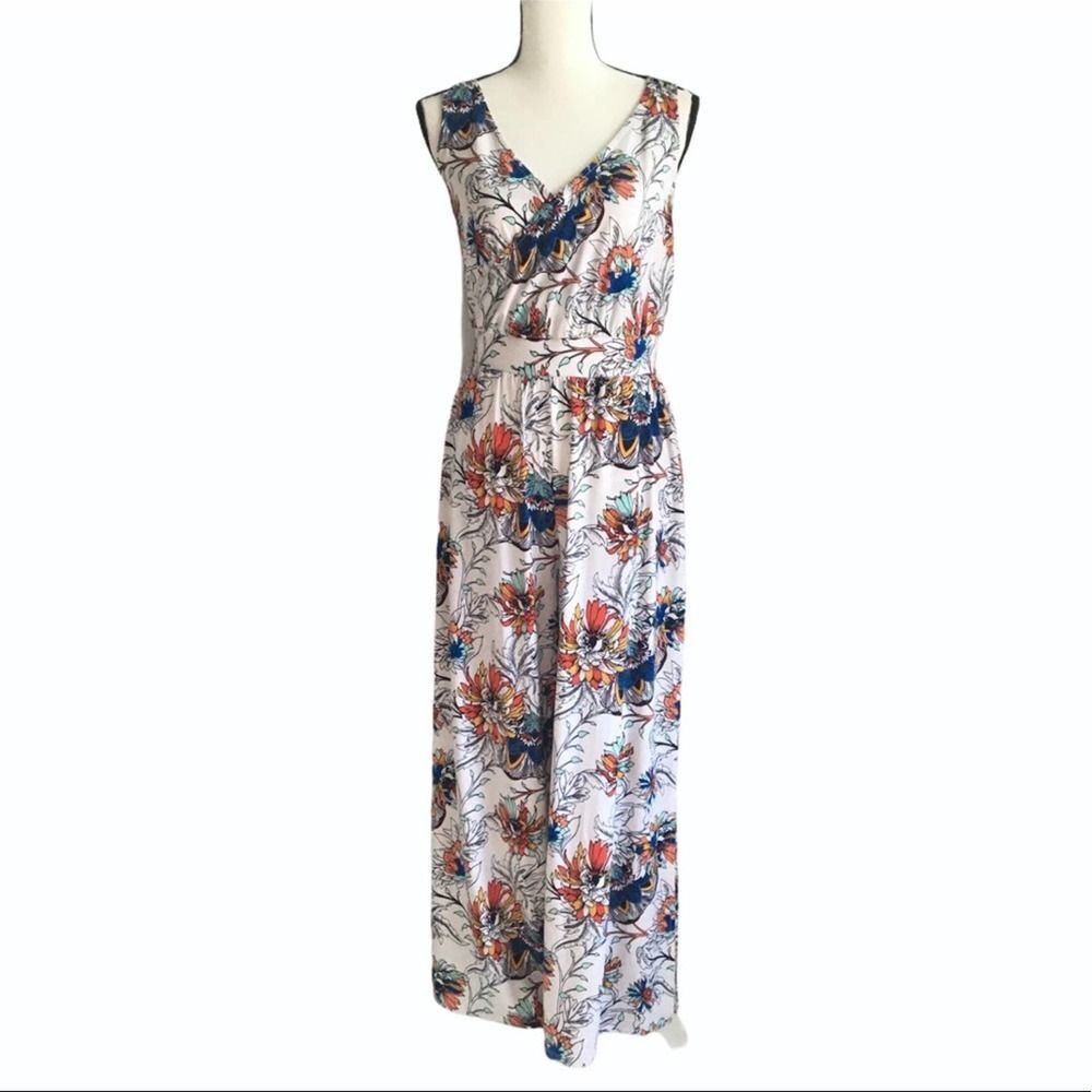 G by Giuliana Floral Sleeveless Jumpsuit White Small Petite Wide Leg V-Neck
